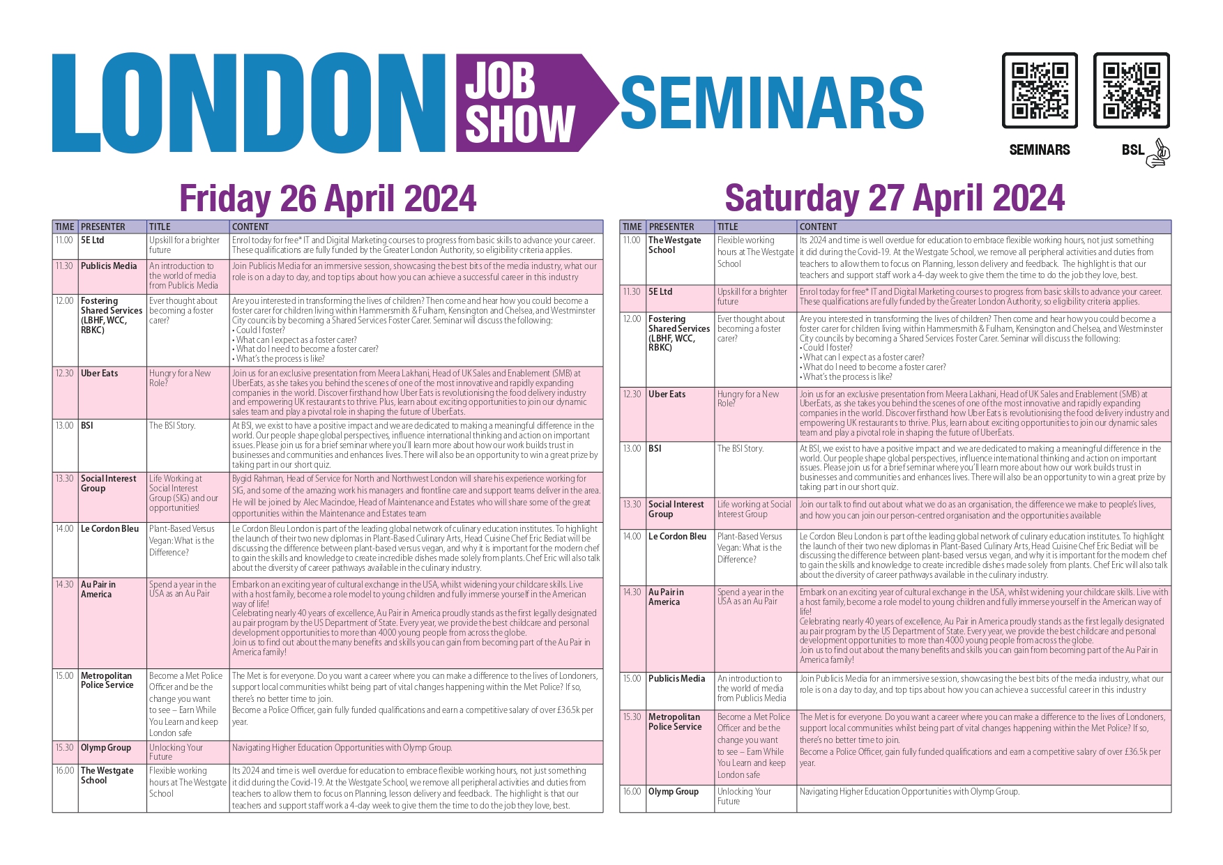 London Job Show | Seminar Timetable 